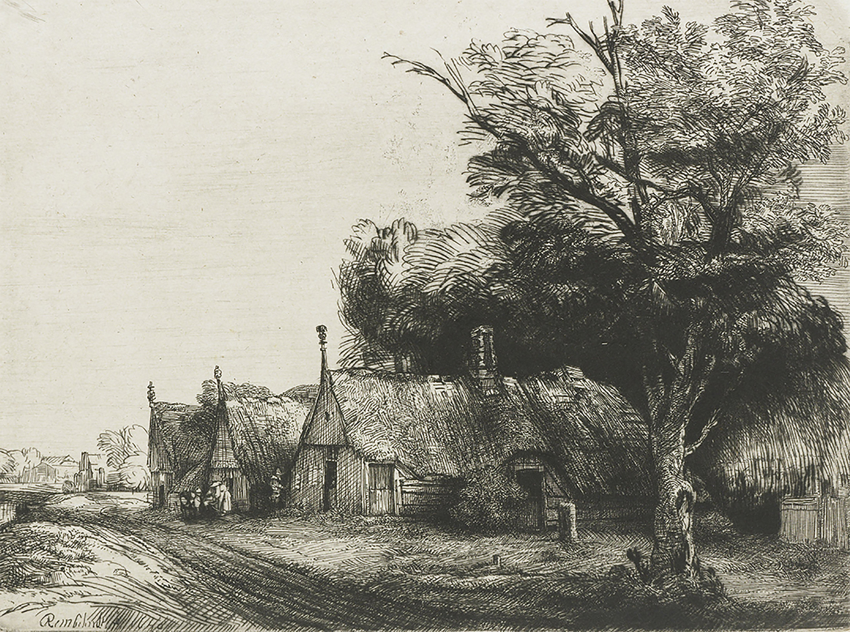 Rembrandt, three farmhouses on a road, 1650, etching/dry needle. © Rembrandt House Museum